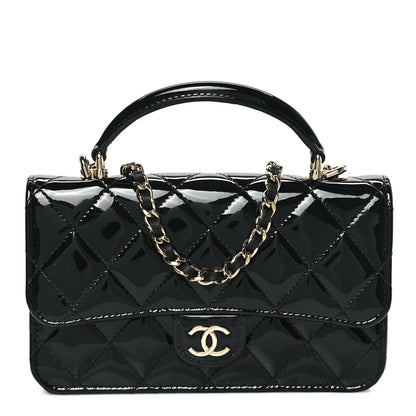 Chanel Patent Calfskin Quilted Flap Phone Holder With Chain Black 1 of 13