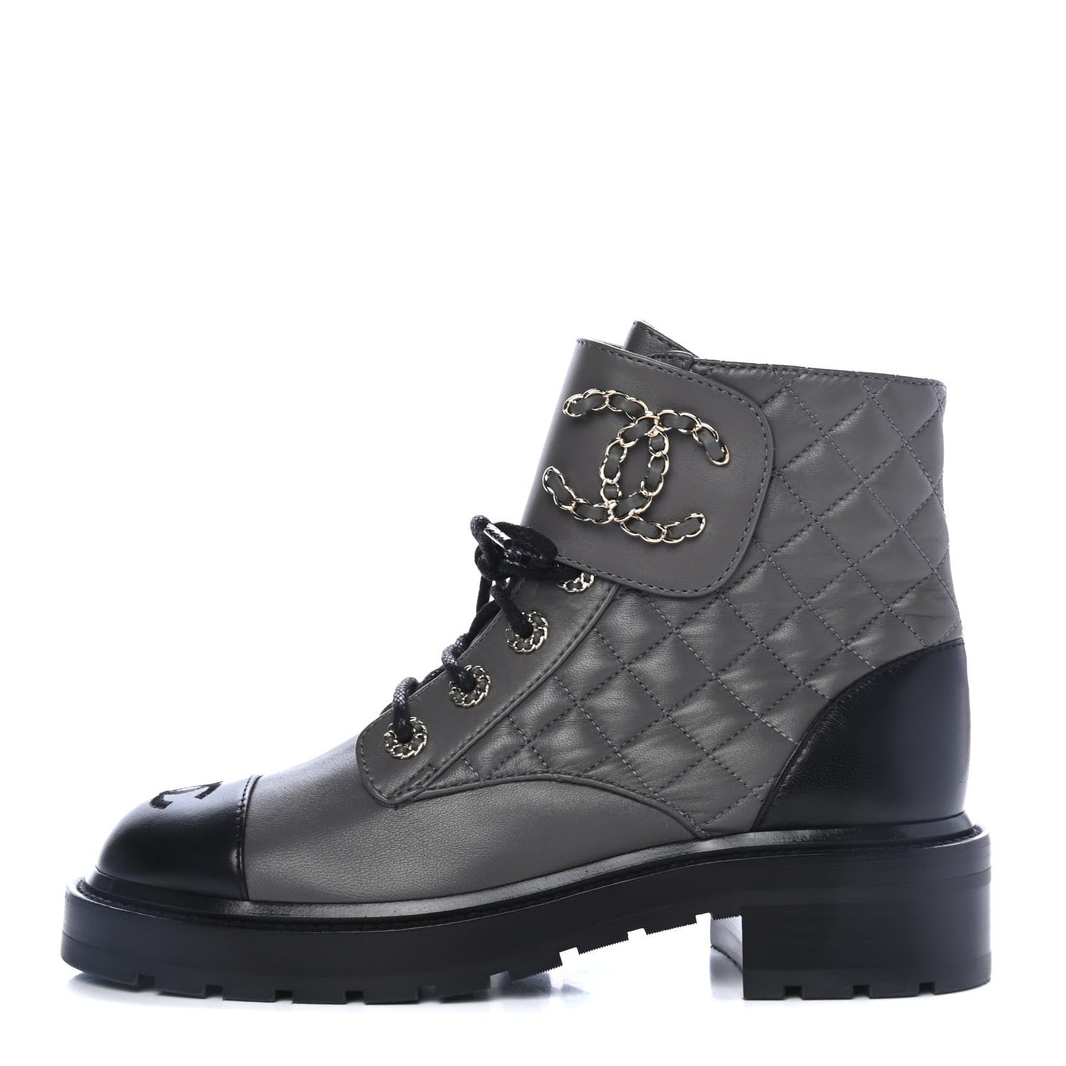 Chanel Shiny Lambskin Quilted Lace Up Combat Boots 38 Grey Black 1 of 5