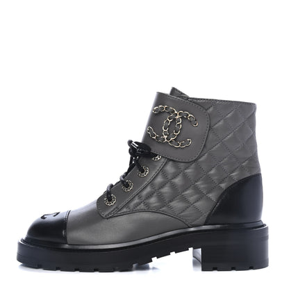 Chanel Shiny Lambskin Quilted Lace Up Combat Boots 38 Grey Black 1 of 5