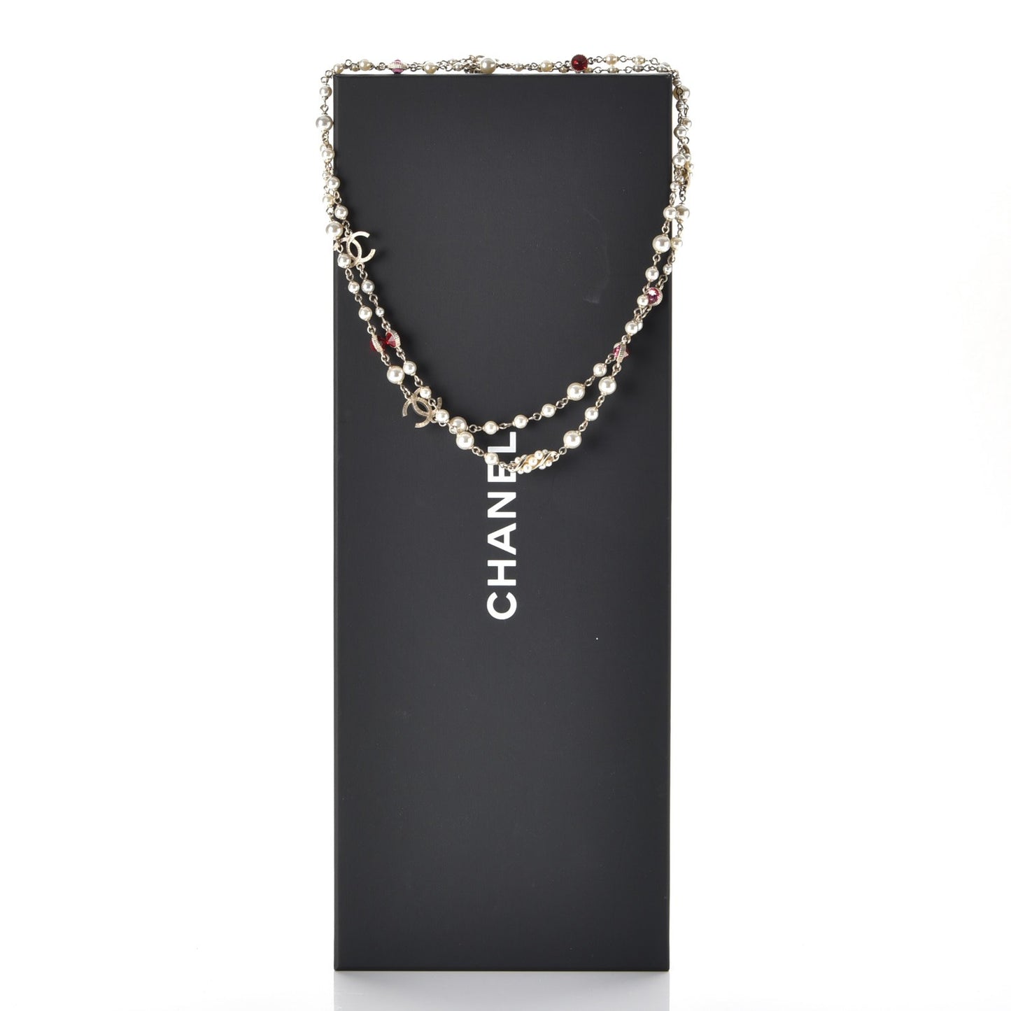 Pearl Bead CC Long Necklace Gold Red Pink