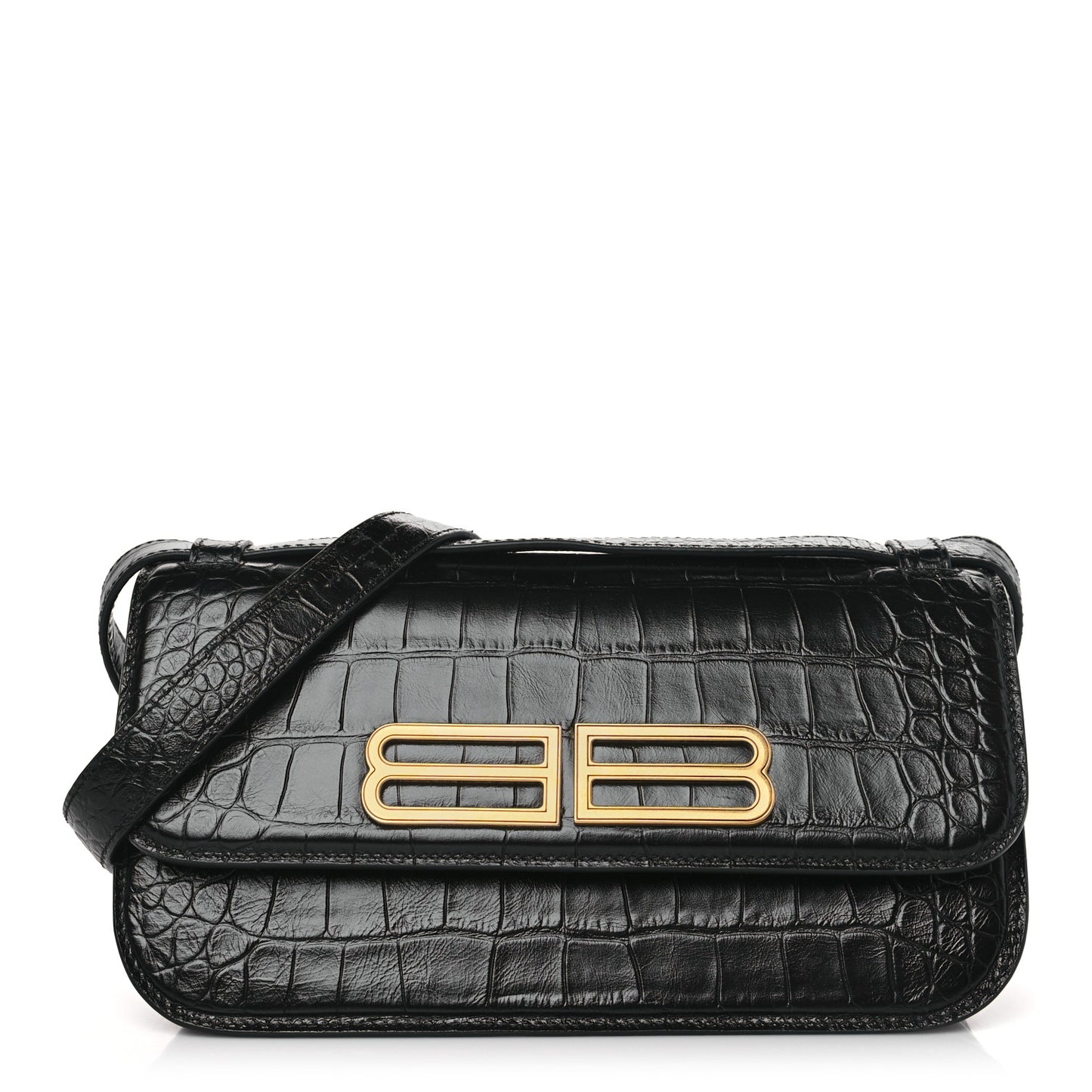 Extra Supple Calfskin Crocodile Embossed Small Gossip Bag Black