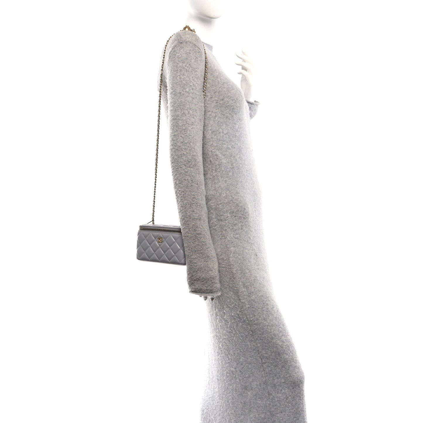 Lambskin Quilted Small Pearl Crush Vanity Case With Chain Grey