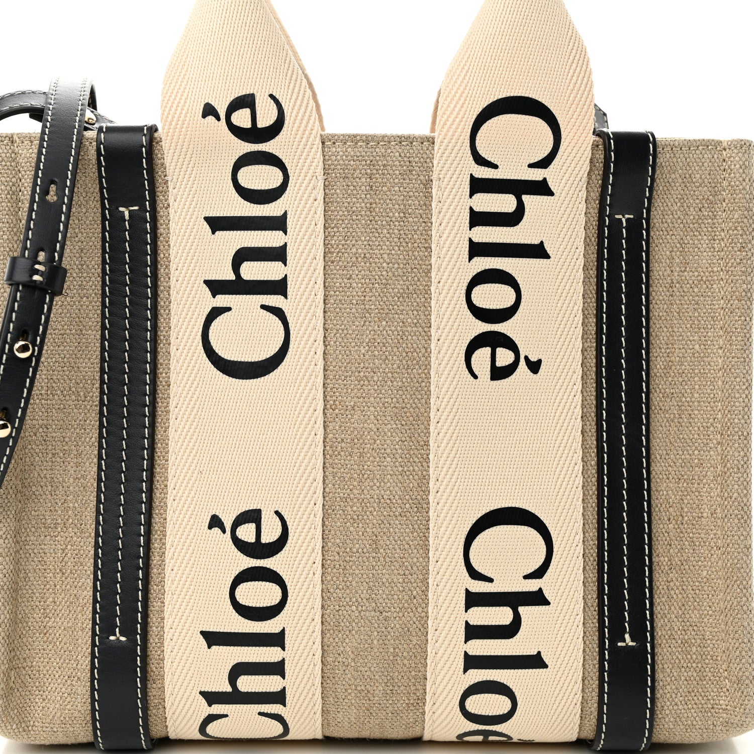 Chloe Linen Calfskin Small Woody Ribbon Tote White Black 8 of 10