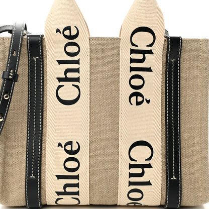 Chloe Linen Calfskin Small Woody Ribbon Tote White Black 8 of 10