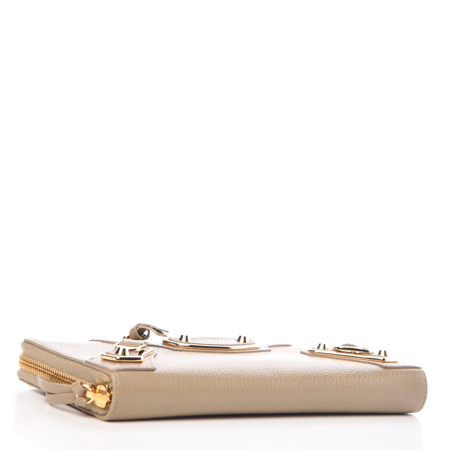 Chevre Gold Metallic Edge Hardware Zip Around Wallet Beige Latte