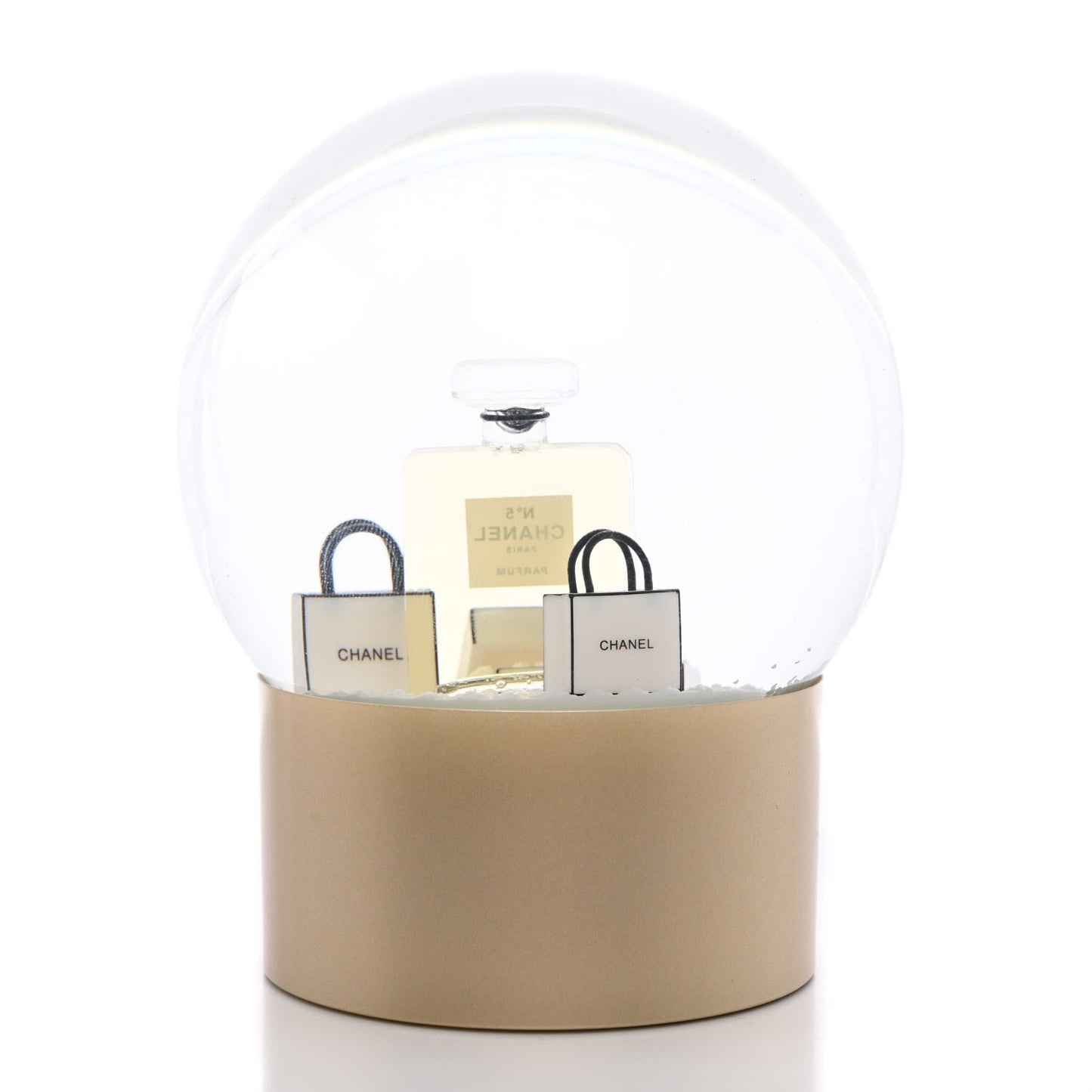 Glass N°5 Perfume Bottle Snow Globe Gold