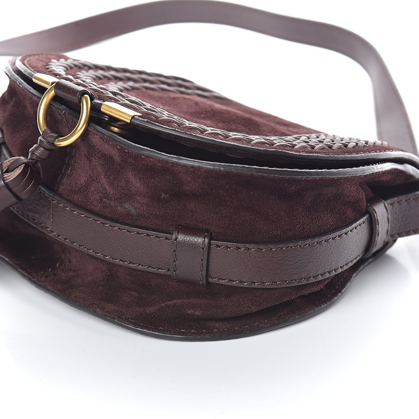 Suede Calfskin Braided Mini Marcie Round Crossbody Bag Carbon Brown