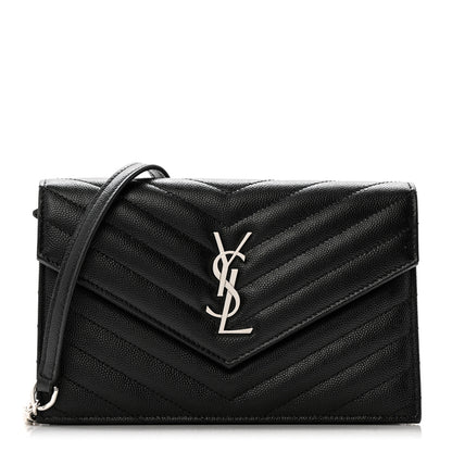 Saint Laurent Grain De Poudre Matelasse Chevron Monogram Envelope Chain Wallet Black 1 of 11