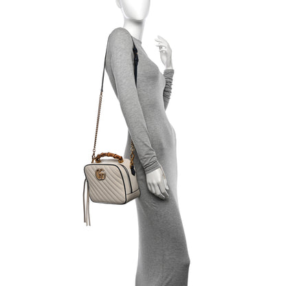 Gucci Vintage Effect Calfskin Matelasse Diagonal Small Torchon GG Marmont Bamboo Top Handle Shoulder Bag Mystic White Blue Agata 2 of 10