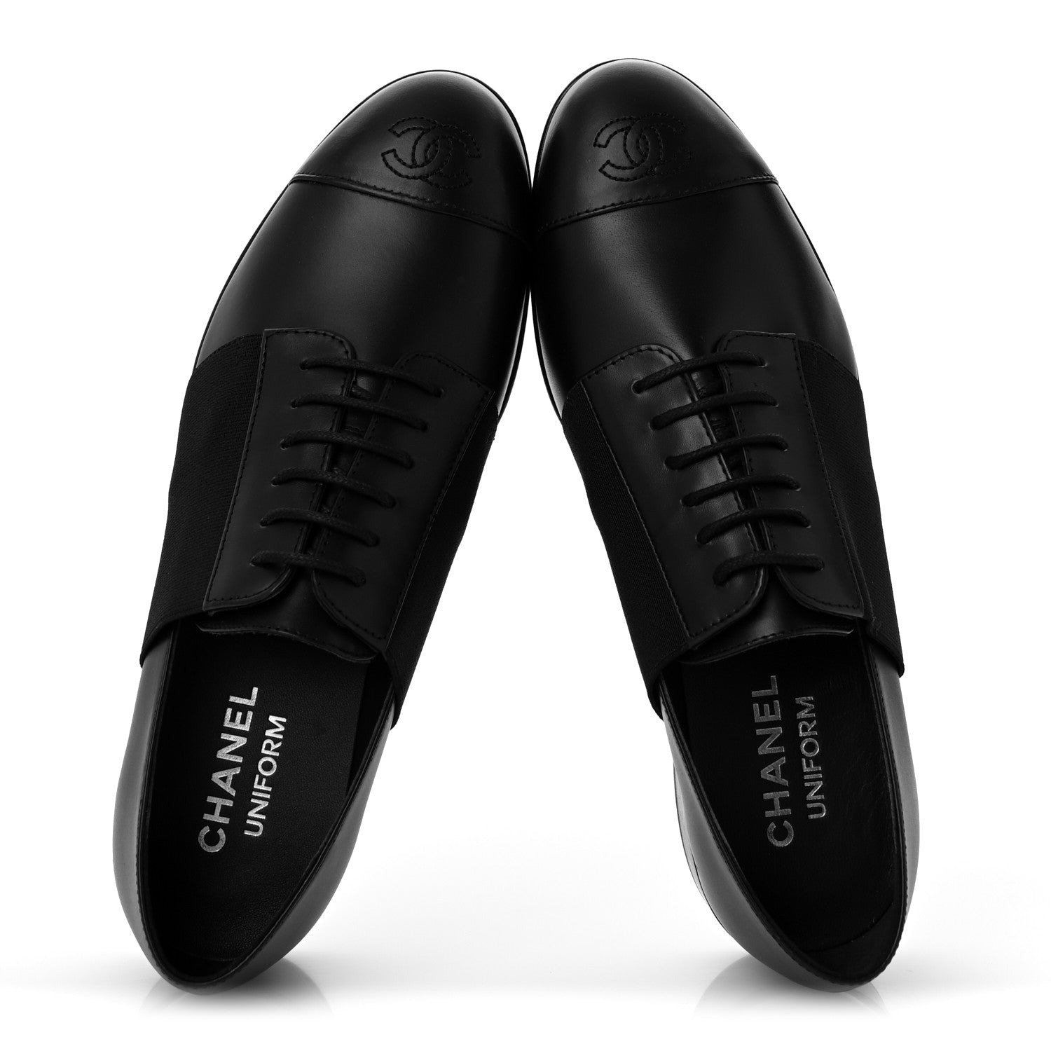 Chanel Calfskin Elastic Lace Up Cap Toe CC Loafers 38 Black 2 of 11