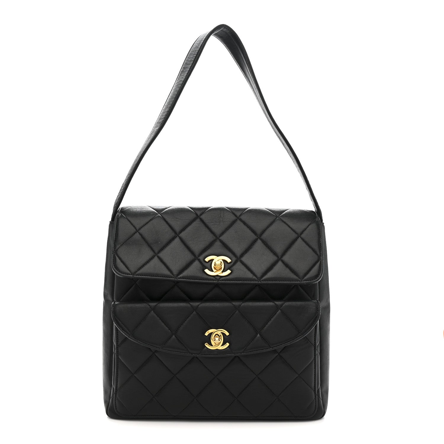 Chanel Lambskin Quilted Double Pocket Shoulder Bag Black 1 of 13