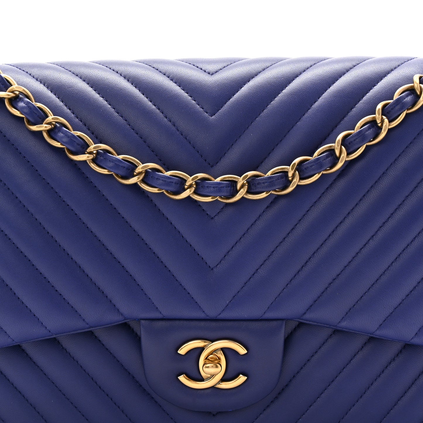 Lambskin Chevron Quilted Jumbo Double Flap Navy Blue