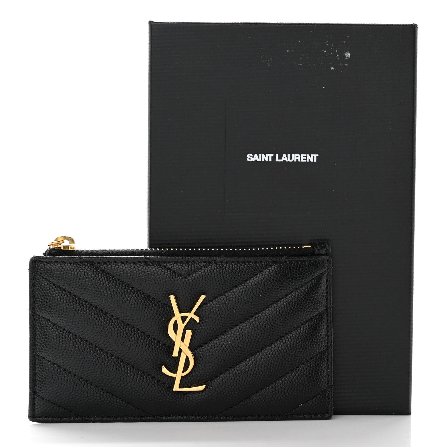 Saint Laurent Grain De Poudre Matelasse Chevron Monogram Fragments Zippered Card Case Black 10 of 10