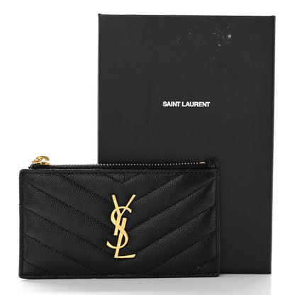 Saint Laurent Grain De Poudre Matelasse Chevron Monogram Fragments Zippered Card Case Black 10 of 10