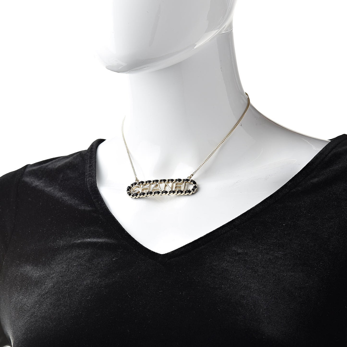 Metal Lambskin Logo Necklace Black Gold