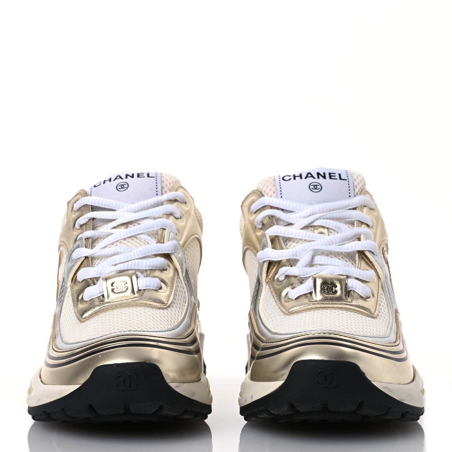 Fabric Laminated Calfskin Stretch CC Womens Sneakers 37.5 White Gold Silver