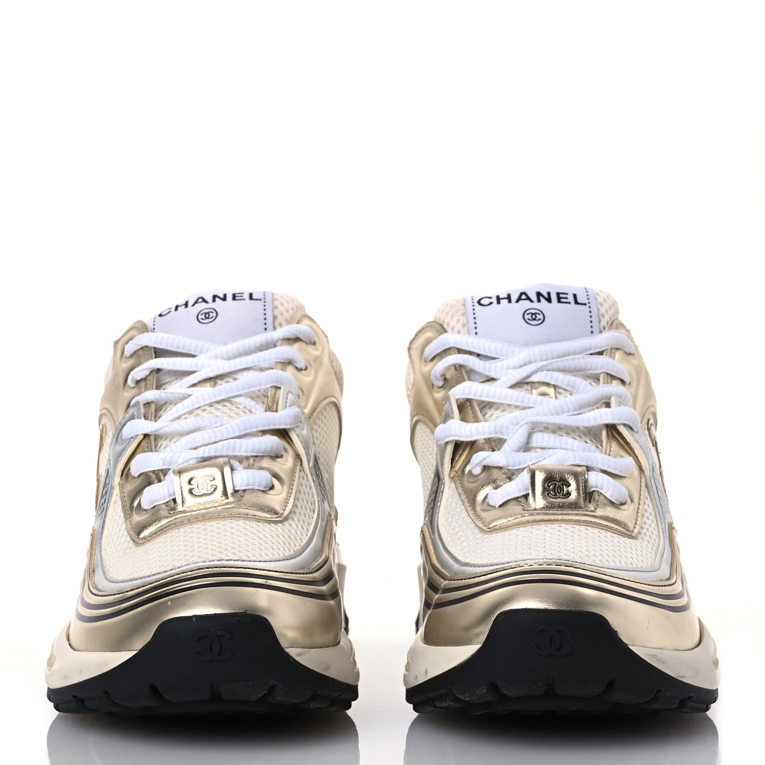 Chanel Fabric Laminated Calfskin Stretch CC Womens Sneakers 37.5 White Gold Silver 2 of 14