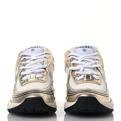 Chanel Fabric Laminated Calfskin Stretch CC Womens Sneakers 37.5 White Gold Silver 2 of 14