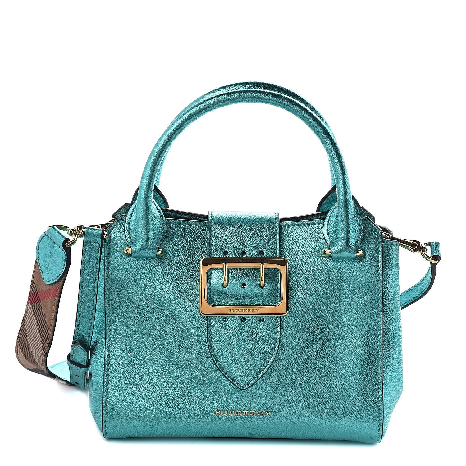 Burberry Metallic Soft Grain Calfskin Small Buckle Tote Emerald 1 of 12