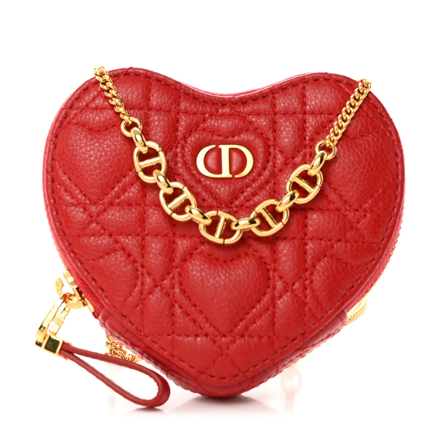 Christian Dior Calfskin Cannage Dioramour Caro Heart Pouch With Chain Bright Red 1 of 8