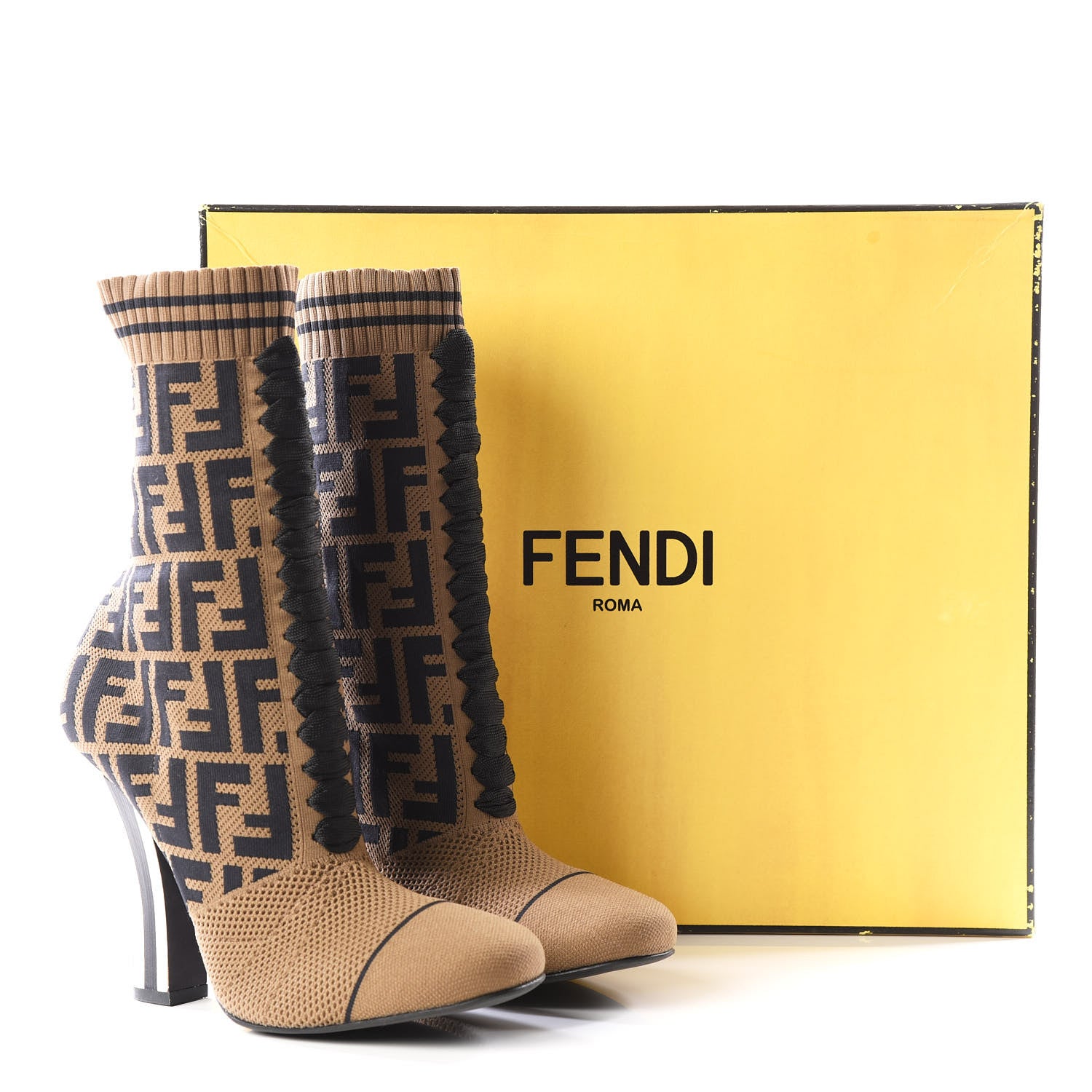 Fendi Stretch Fabric Jacquard FF Rockoko 105mm Sock Boots 39.5 Tobacco 8 of 8