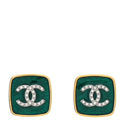 Chanel Metal Strass CC Earrings Green Gold 1 of 4