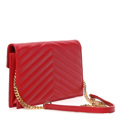 Saint Laurent Grain De Poudre Matelasse Chevron Monogram Envelope Chain Wallet New Red 2 of 6