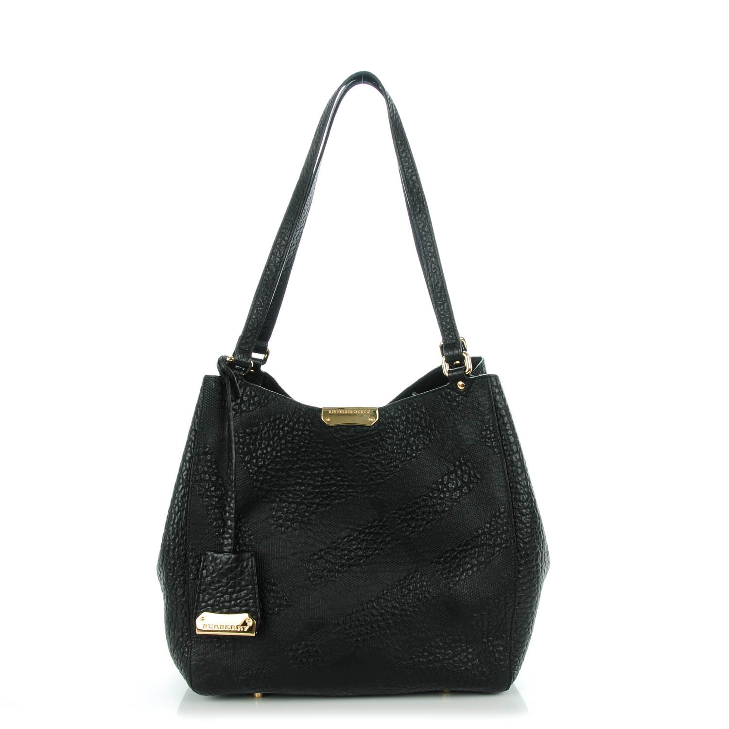 Burberry Signature Grain Calfskin Check Embossed Small Canter Tote Black 1 of 9