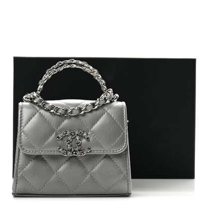 Chanel Metallic Lambskin Quilted Mini Chain CC Top Handle Clutch With Chain Silver 11 of 11