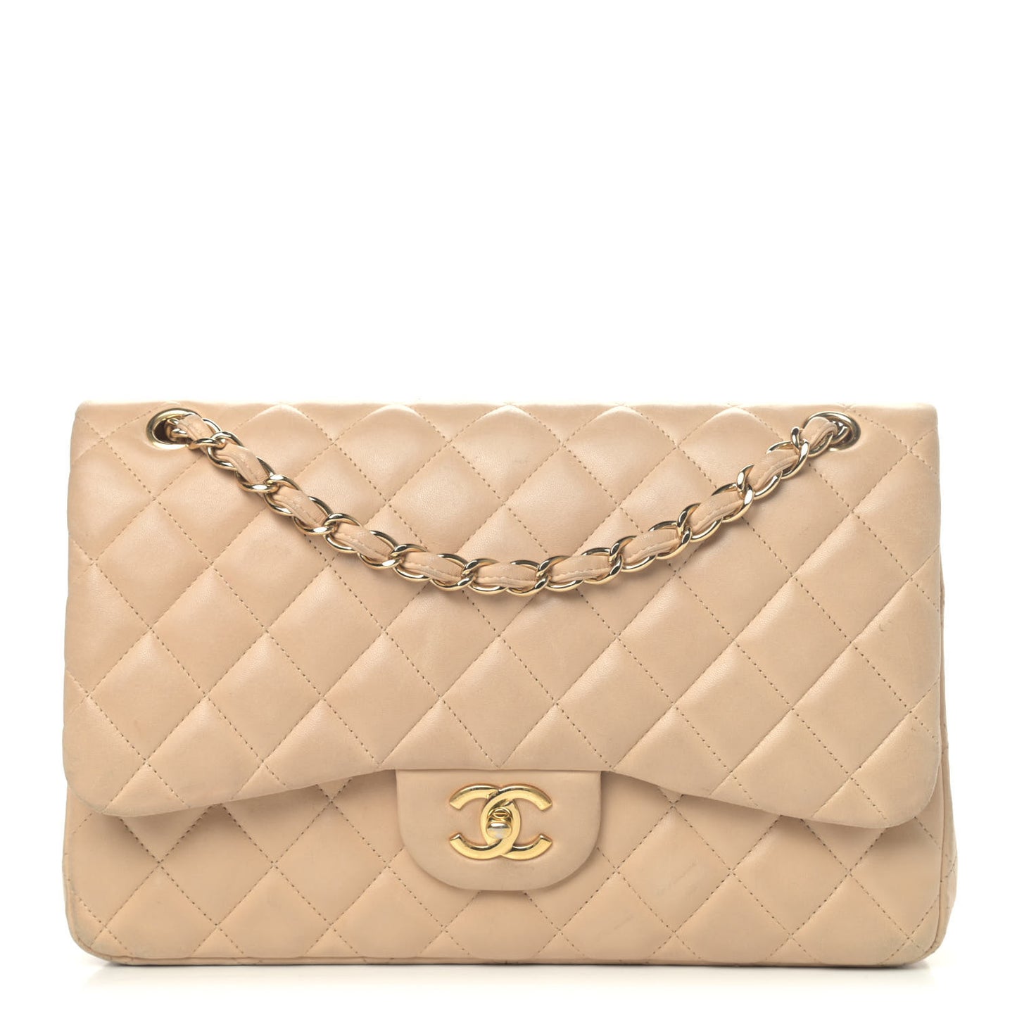 Lambskin Quilted Jumbo Double Flap Beige