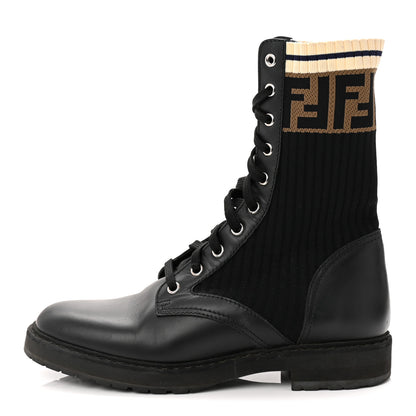 Fendi Calfskin Stretch Fabric Rockoko Biker Boots 38 Tobacco Black Marino 1 of 8