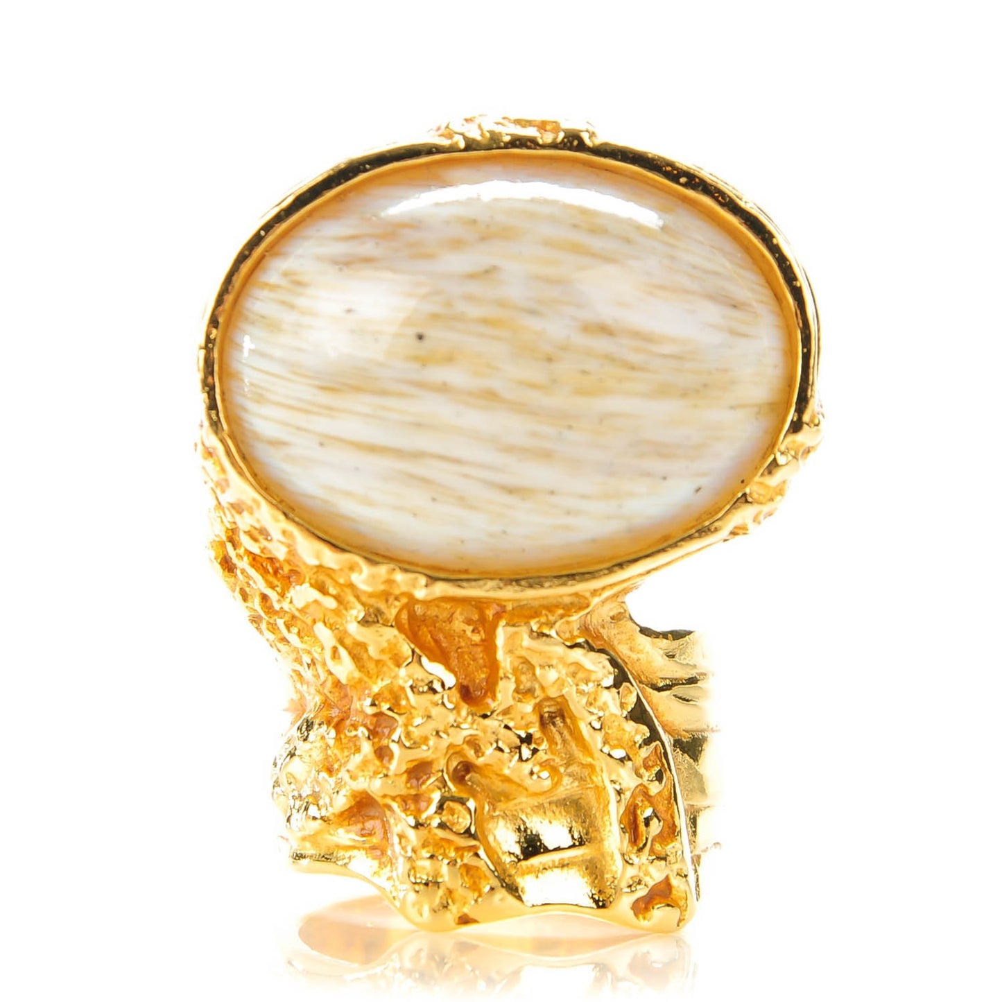 Glass Cabochon Arty Ovale Ring 6 Gold White