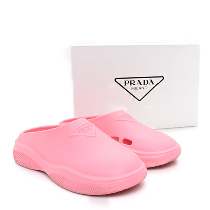 Prada Soft Mellow Rubber Triangle Logo Embossed Womens 25mm Mules 38 Begonia 10 of 10
