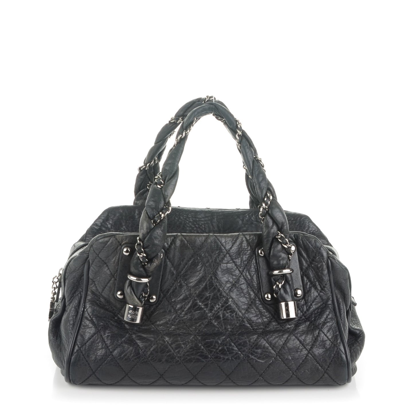 Distressed Lambskin Lady Braid Bowler Black