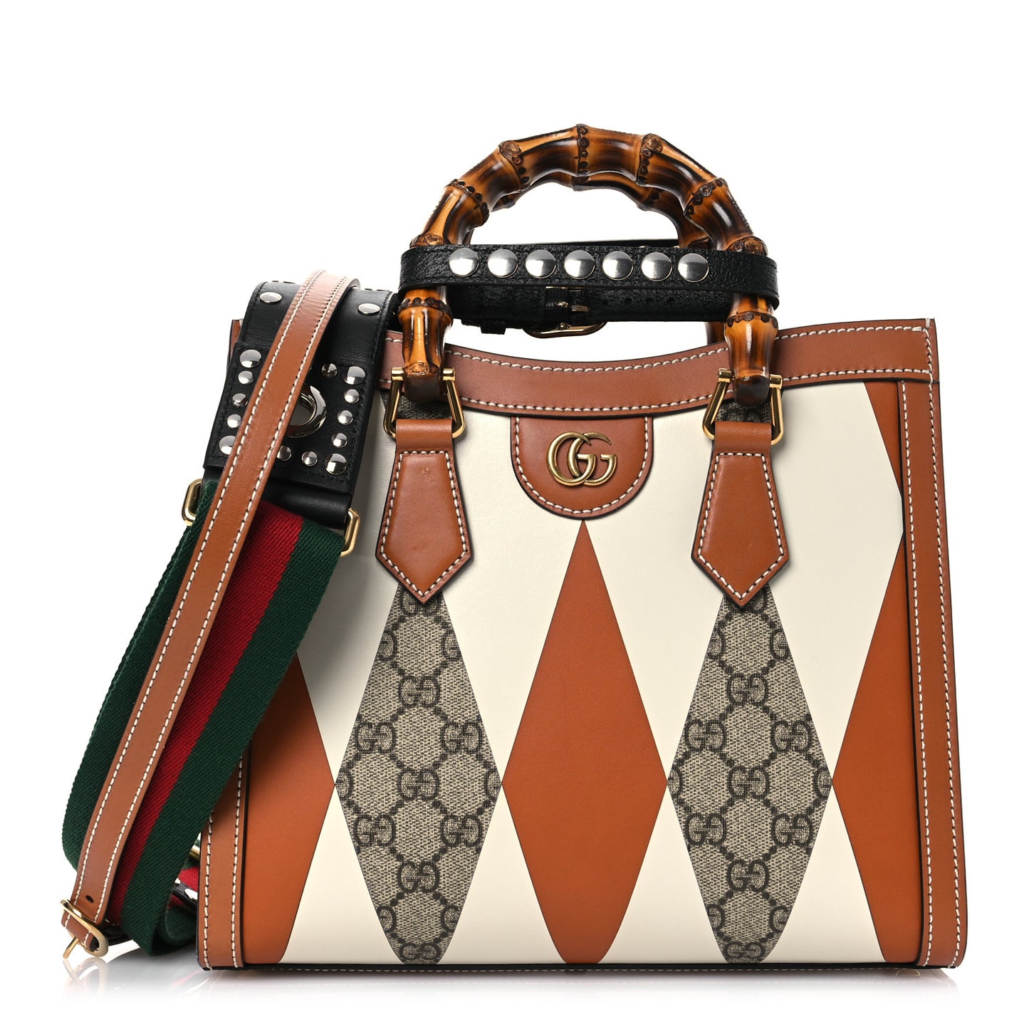 GG Supreme Monogram Boarded Dyana Calfskin Rhombus Print Studded Small Diana Tote Bag Beige Ebony Mystic White Hazel Brown Black