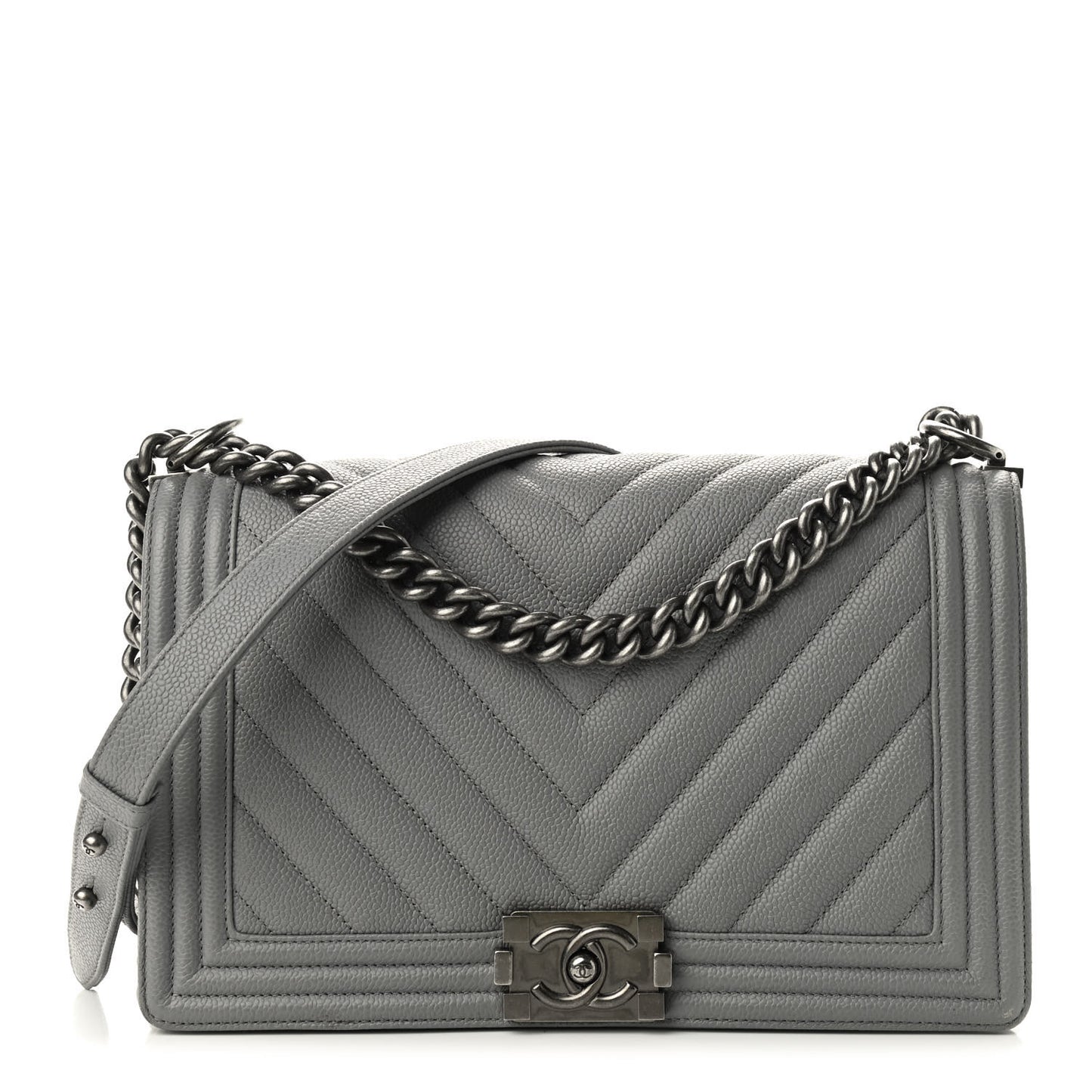 Caviar Chevron Quilted New Medium Boy Flap Grey