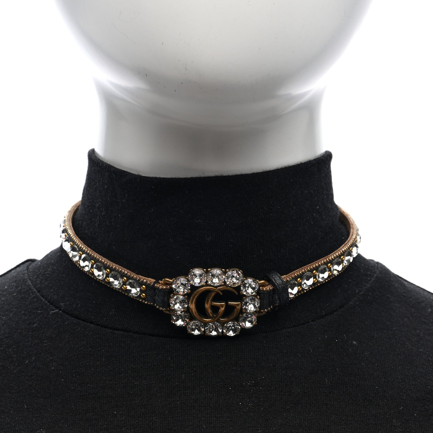 Gucci Calfskin Crystal Embellished Double G Choker Necklace Black 2 of 4