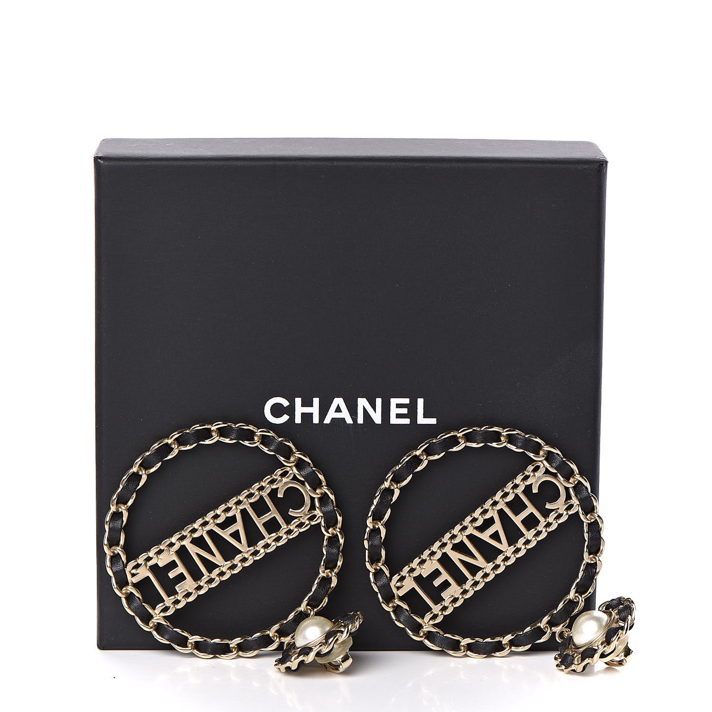 Pearl Lambskin Chain Logo Hoop Clip On Earrings Black Gold