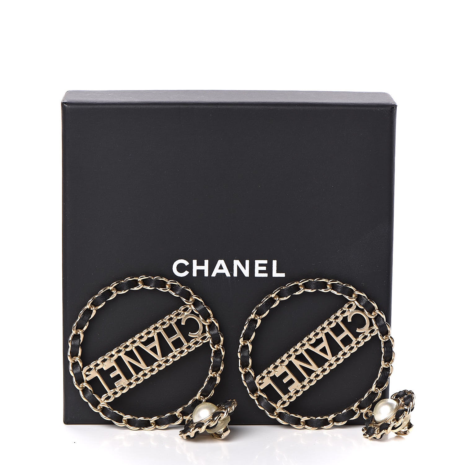 Chanel Pearl Lambskin Chain Logo Hoop Clip On Earrings Black Gold 5 of 5