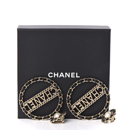 Chanel Pearl Lambskin Chain Logo Hoop Clip On Earrings Black Gold 5 of 5
