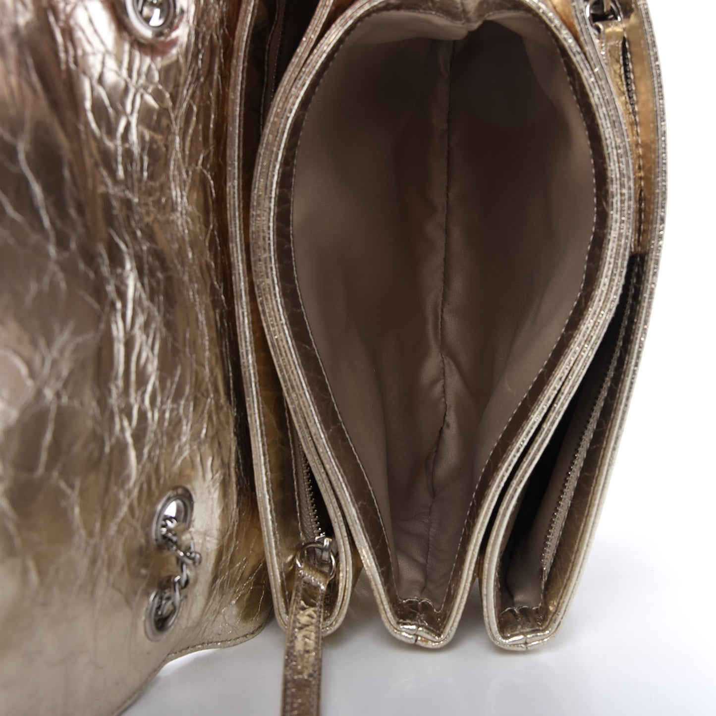 Metallic Crackled Calfskin Medium Clam's Pocket Flap Gold