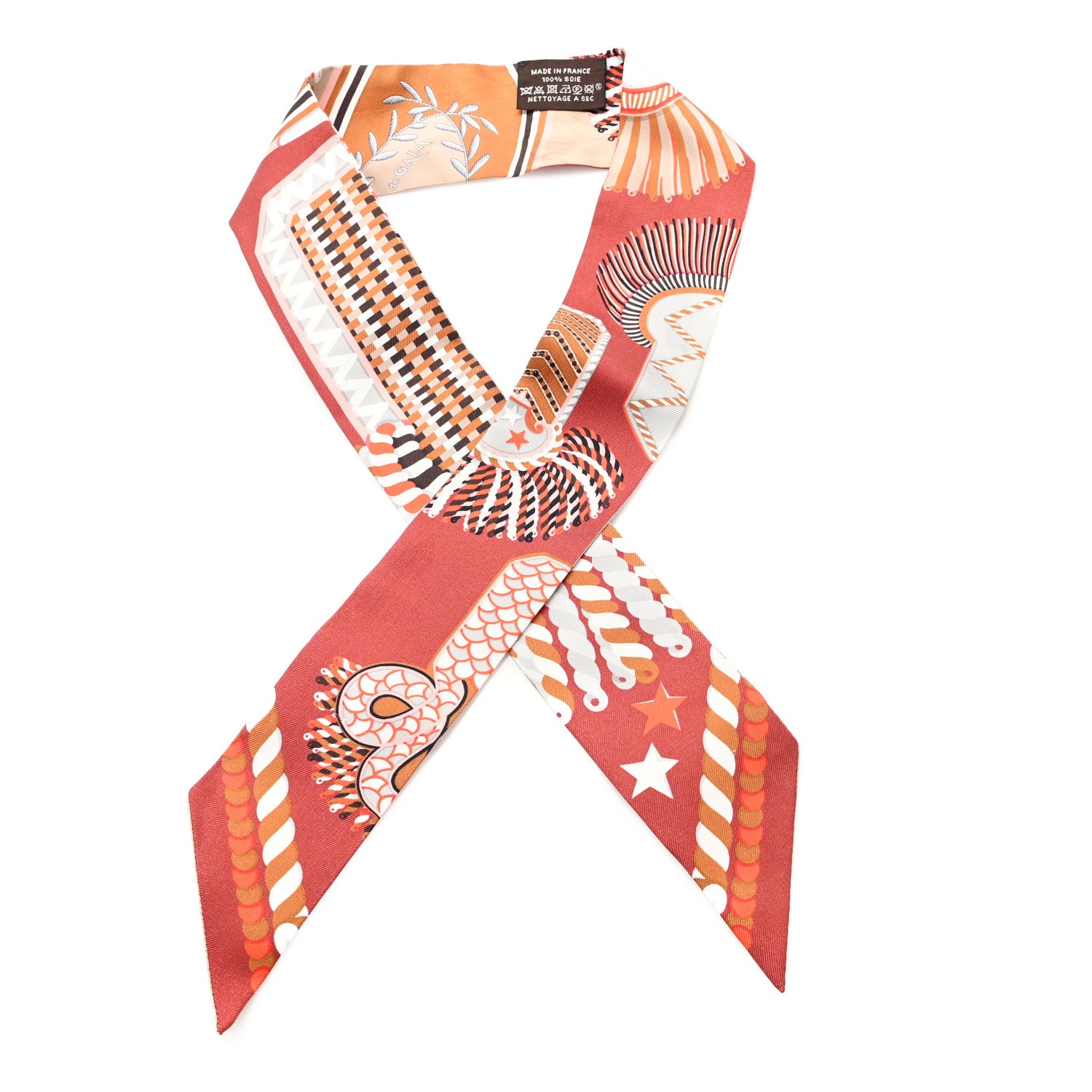 Hermes Silk Epaulettes Twilly Beige Terracotta Orange 1 of 3