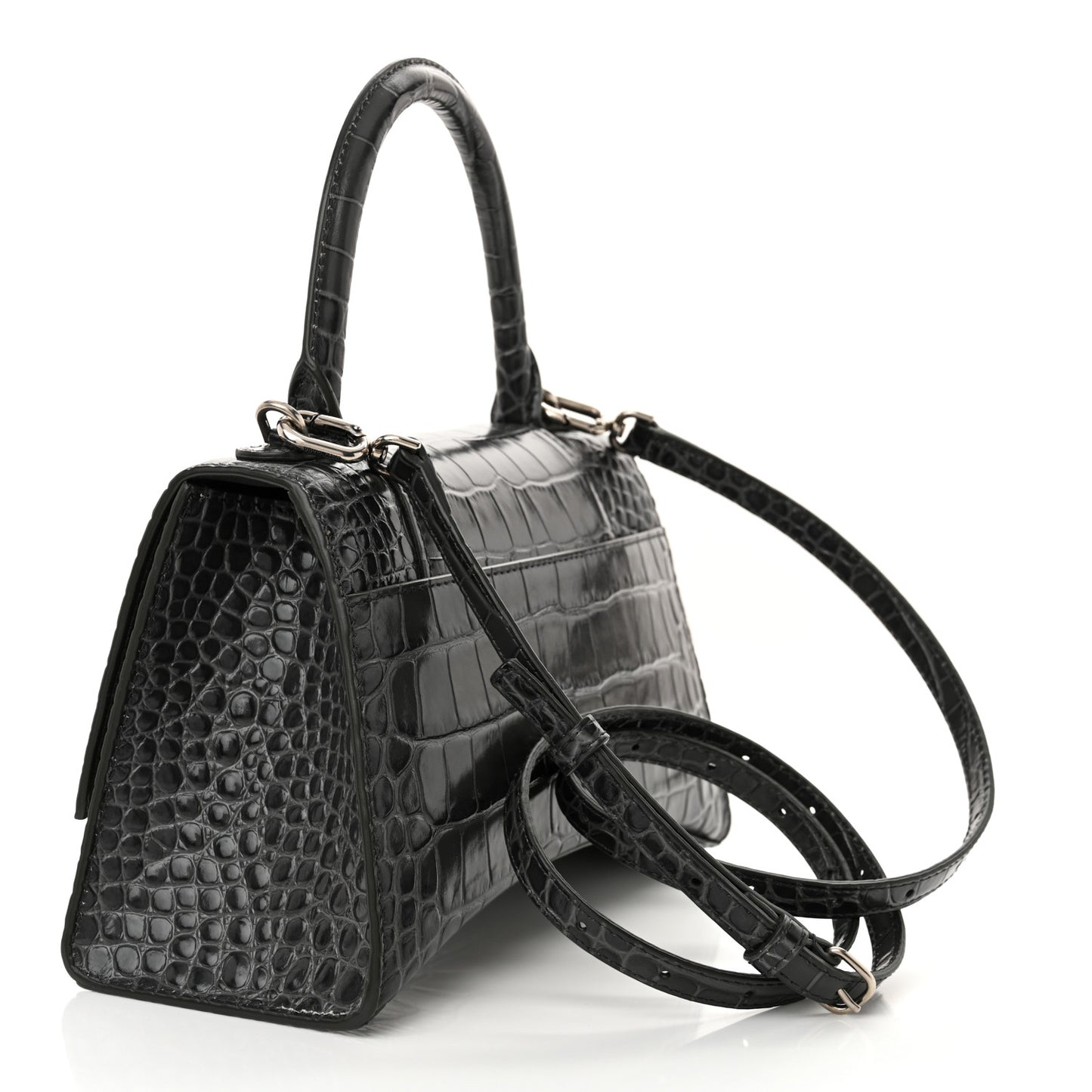 Shiny Calfskin Crocodile Embossed Small Hourglass Top Handle Bag Dark Grey