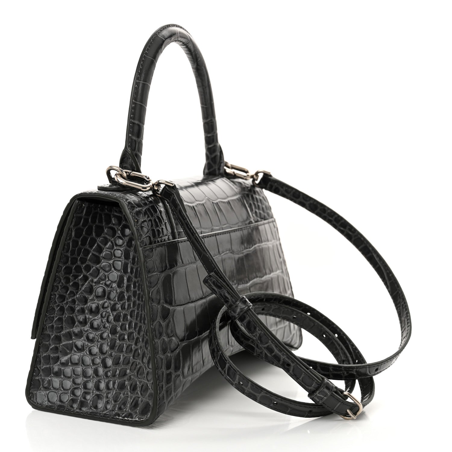 Balenciaga Shiny Calfskin Crocodile Embossed Small Hourglass Top Handle Bag Dark Grey 3 of 14