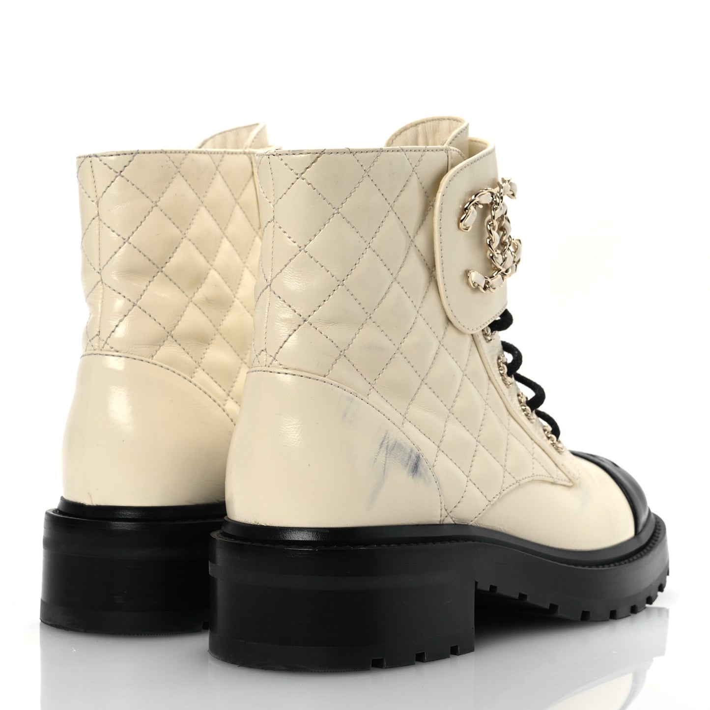 Shiny Goatskin Calfskin Quilted Lace Up Combat Boots 37 Black White