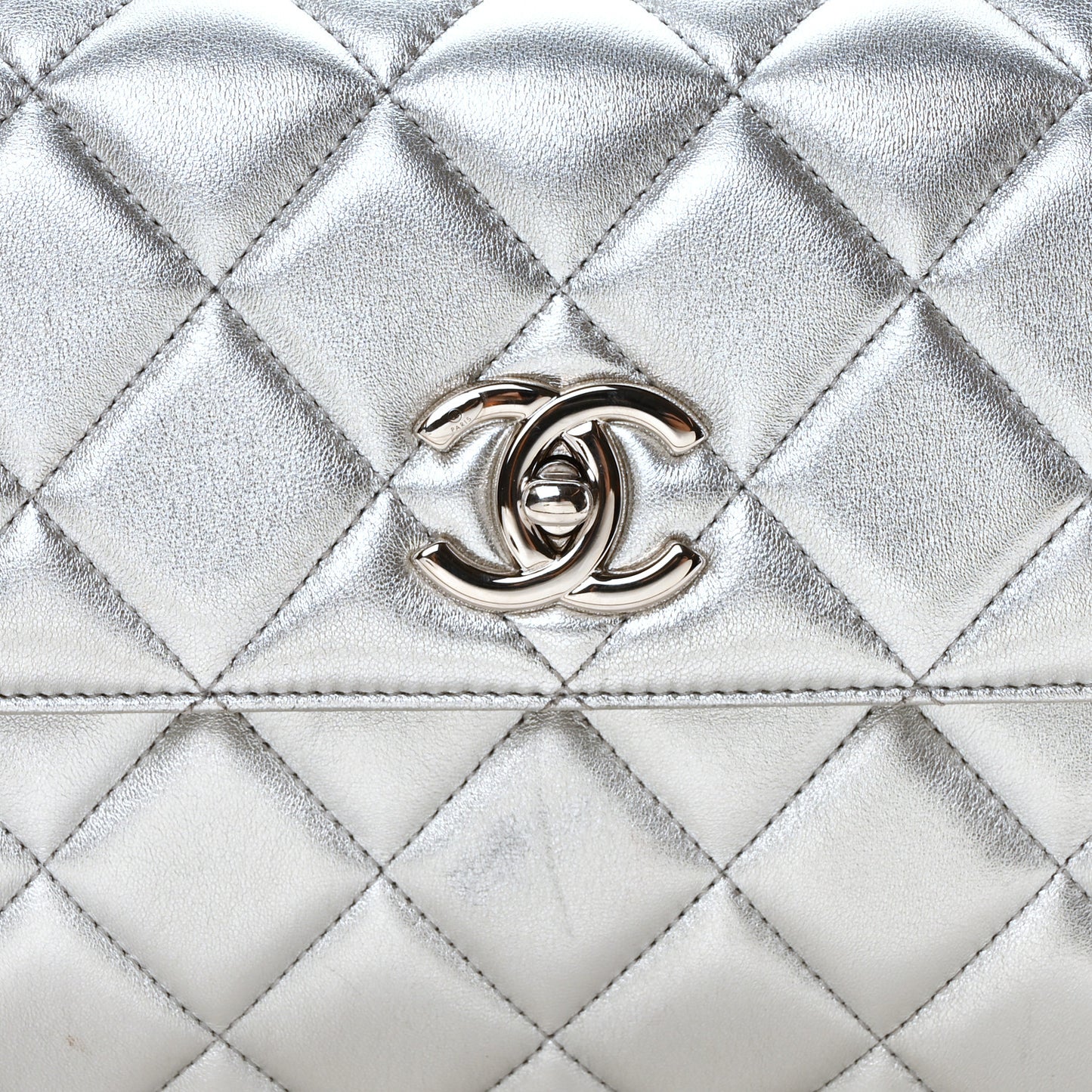 Metallic Lambskin Quilted Small Trendy CC Flap Dual Handle Bag Silver Silver