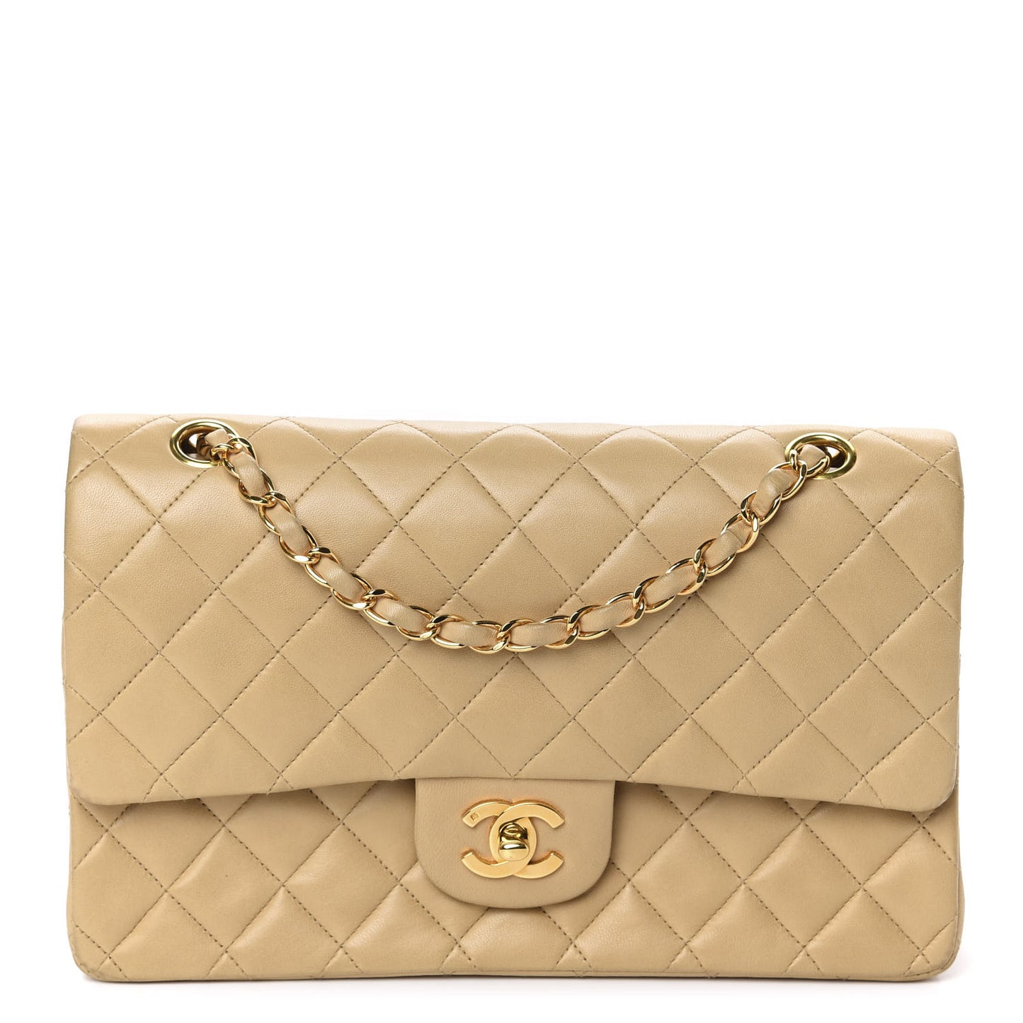Lambskin Quilted Medium Double Flap Beige