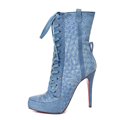 Christian Louboutin Ostrich Avedere 120 Lace Up Ankle Booties 38 Jeans 1 of 8