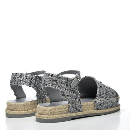 Chanel Sequin Tweed Glazed Calfskin Patent Cap Toe CC Espadrille Sandals 37 Black Grey 5 of 10