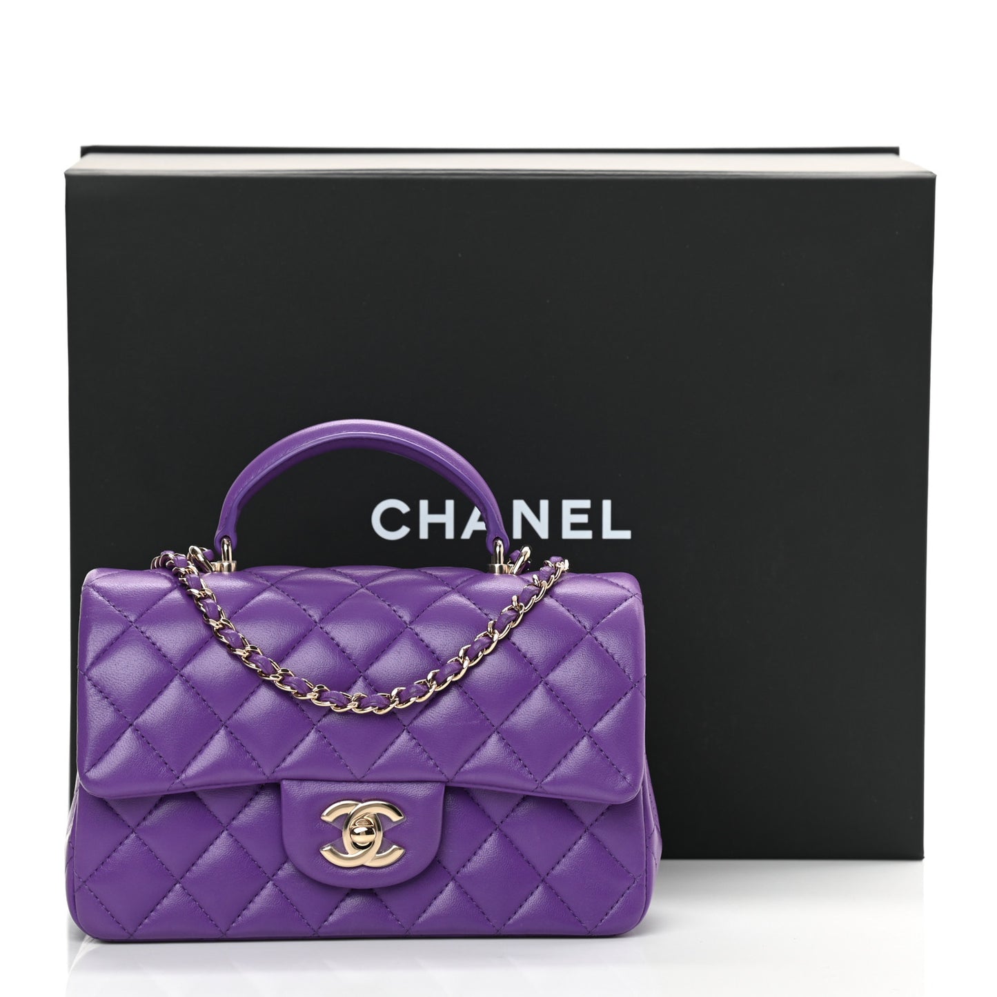 Lambskin Quilted Mini Top Handle Rectangular Flap Dark Purple